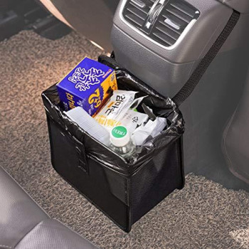 Kmmotors Foldable Car Garbage Can Patented Car Waste Basket Comfortable Multifuntional Vegan Leather And Oxford Clothes Car Organizer Car Trash Can (Jopps_Medium_Black)