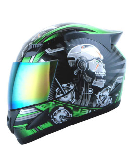 1Storm Motorcycle Bike Full Face Helmet Mechanic Skull - Tinted Visor Green