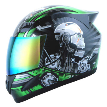 1Storm Motorcycle Bike Full Face Helmet Mechanic Skull - Tinted Visor Green