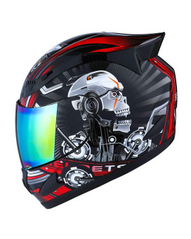 1Storm Motorcycle Bike Full Face Helmet Mechanic Skull - Tinted Visor Red