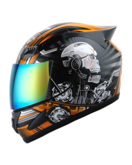 1Storm Motorcycle Bike Full Face Helmet Mechanic Skull - Tinted Visor Orange