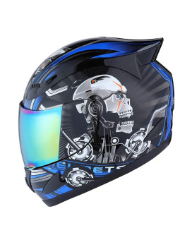 1Storm Motorcycle Bike Full Face Helmet Mechanic Skull - Tinted Visor Blue