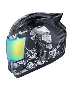 1Storm Motorcycle Bike Full Face Helmet Mechanic Skull - Tinted Visor Black