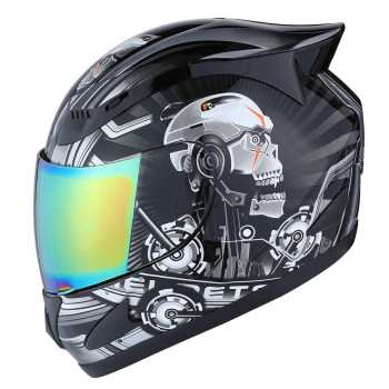 1Storm Motorcycle Bike Full Face Helmet Mechanic Skull - Tinted Visor Black