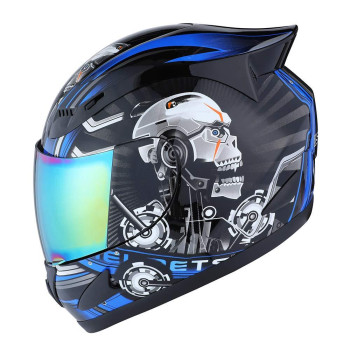 1Storm Motorcycle Bike Full Face Helmet Mechanic Skull - Tinted Visor Blue Size L (57-58 Cm 224228 Inch)