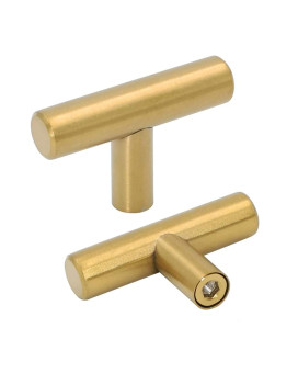 Goldenwarm 100Pcs Brushed Brass European Style T Bar Tube Pulls Stainless Steel Kitchen Cabinet Door Hanldes Drawer Knobs Single Hole Golden Overall Length 50Mm 2In