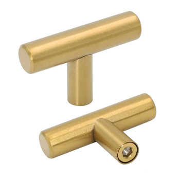 Goldenwarm 100Pcs Brushed Brass European Style T Bar Tube Pulls Stainless Steel Kitchen Cabinet Door Hanldes Drawer Knobs Single Hole Golden Overall Length 50Mm 2In