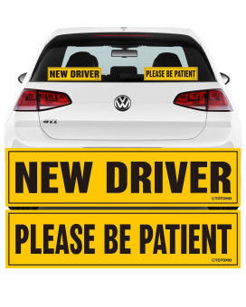 Totomo New Driver Sticker For Car - Large 12X3 Adhesive Reflective Vehicle Safety Sign Window Cling For Student Rookie Learner Drivers Removable Bumper Sticker Please Be Patient