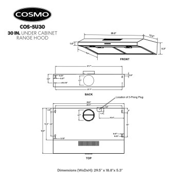 COSMO 5U30 30 in. Under Cabinet Range Hood with Ducted/Ductless Convertible (Kit Not Included), Slim Kitchen Over Stove Vent, 3 Speed Exhaust Fan, Reusable Filter, LED Lights in Stainless Steel