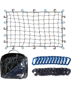Cargo Net For Suv - 3 X 4 Foot, Heavy-Duty, Mesh Square Bungee Netting With 12 Hooks, 12 Blue Clips And Storage Bag - Holds Small And Large Loads