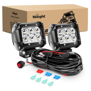 Nilight Zh009 Led Light Bar 2Pcs 18W Spot Off Road Lights With 16Awg Wiring Harness Kit-2 Lead, 2 Years Warranty