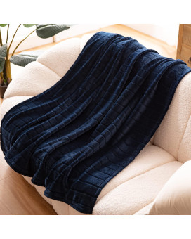 Bertte Plush Throw Blanket Super Soft Fuzzy Warm Blanket 330 Gsm Lightweight Fluffy Cozy Luxury Decorative Stripe Blanket For Bed Couch - 60X 80, Navy