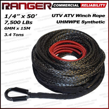 RANGER ULTRANGER SY45 7500 LBs 1/4" x 50' UHMWPE Synthetic Winch Rope 6MM x 15Meter for UTV/ATV Winch