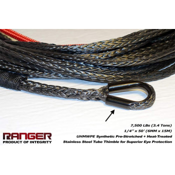 RANGER ULTRANGER SY45 7500 LBs 1/4" x 50' UHMWPE Synthetic Winch Rope 6MM x 15Meter for UTV/ATV Winch