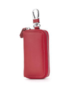 Unisex Mens Womens Premium Leather Car Key Holder Bag Keychain Case Wallet With 6 Hooks Zipper Closure, Red