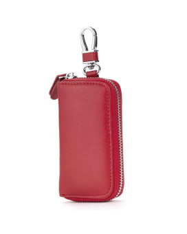 Unisex Mens Womens Premium Leather Car Key Holder Bag Keychain Case Wallet With 6 Hooks Zipper Closure, Red