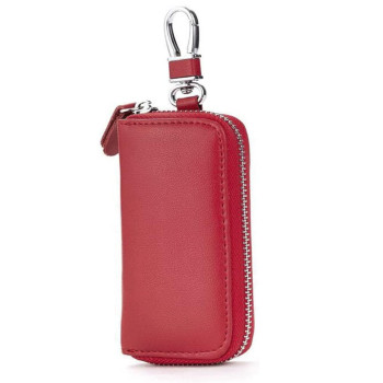 Unisex Mens Womens Premium Leather Car Key Holder Bag Keychain Case Wallet With 6 Hooks Zipper Closure, Red