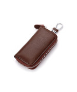 Unisex Mens Womens Premium Leather Car Key Holder Bag Keychain Case Wallet With 6 Hooks Zipper Closure, Brown