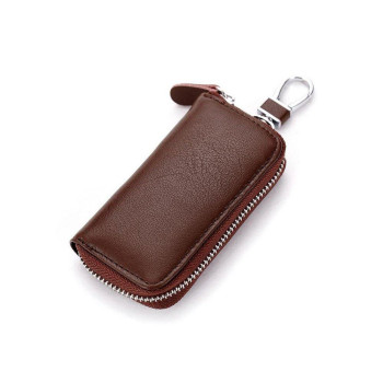 Unisex Mens Womens Premium Leather Car Key Holder Bag Keychain Case Wallet With 6 Hooks Zipper Closure, Brown