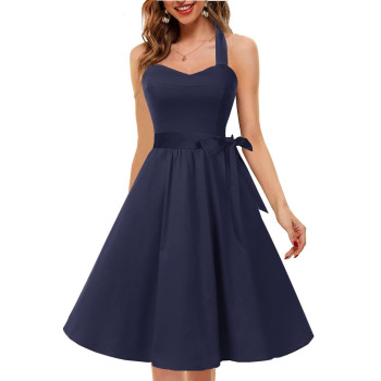 Topdress Womens Vintage Polka Audrey Dress 1950S Halter Retro Cocktail Dress Navy Blue S