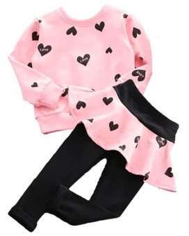 Bomdeals Toddler Girl Valentines Day Outfit - Kids Adorable Allover Heart Long Sweatshirt Skirt Pants Clothes Set 3T 4T 5T(Age(4T), Pink)