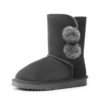 Dream Pairs Boys Girls Shorty-Pompom Sand Sheepskin Fur Winter Snow Boots Grey Size 2 Little Kid