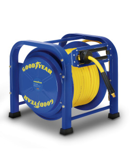 Goodyear Air Hose Reel Retractable 3/8" Inch x 100 Feet 300 Psi / 20 Bar Spring Driven Steel Elite Portable Quad Pod Heavy Duty Industrial Longest Premium Commercial Flex Hybrid Polymer