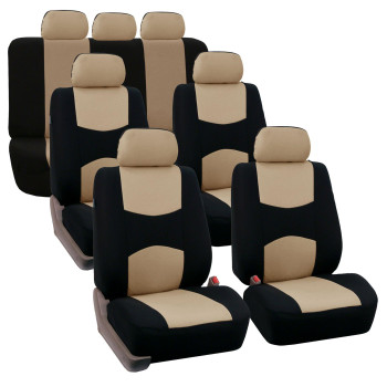 Fh Group Flat Cloth Full Set Car Seat Covers Three Row 7 Passenger Set - Universal Fit For Cars, Trucks Suvs (Beige) Fb050217