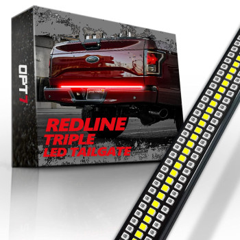 Opt7 48 Redline Triple Led Tailgate Light Bar Wsequential Red Turn Signal - 780 Led Solid Beam - Weatherproof No Drill Install - Full Function Reverse Brake Running