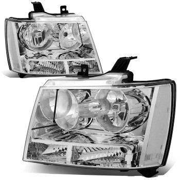 Auto Dynasty Factory Style Halogen Headlights Assembly Compatible With Chevy Suburban 1500 2500 Tahoe Avalanche 07-14, Driver And Passenger Side, Chrome Housing Clear Corner