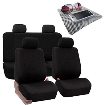 Fh Group Bright Flat Cloth Full Set Automotive Seat Covers Front Set And Rear Solid Bench Black Seat Covers W Gift Universal Fit Interior Accessories For Cars Trucks And Suvs