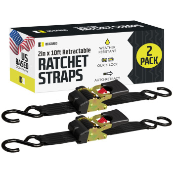 2 Quick N Easy Retractable Ratchet Straps - 2 Inch X 10 Ft - Tight & Secure Trailer Cargo Tie Downs For Boats, Atvs, Motorcycles - 3,300 Lbs Break Strength