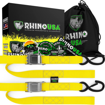 Rhino Usa Motorcycle Tie Down Straps (2 Pack) Lab Tested 3,328Lb Break Strength, Steel Cambuckle Tiedown Set With Integrated Soft Loops - Better Than A Ratchet Strap (Yellow 2-Pack)