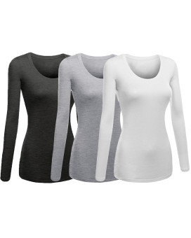 Emmalise Womens Junior And Plus Size Basic Scoop Neck Tshirt Long Sleeve Tee, 2Xl, 3Pk H Charcoal, H Gray, White