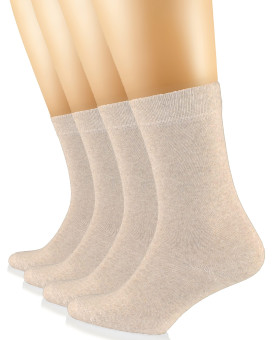 Hugh Ugoli Womens Cotton Crew Socks Plain Color, Regular Fit, Soft Casual Socks For Trouser, 4 Pairs, Light Beige, Shoe Size: 6-9