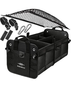 Trunk Organizer With Covering Net, Attachable Non-Slip Pads, And Stainless Hooks, Black