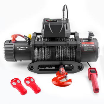 RUGCEL 12000LB Winch Waterproof IP68 Electric Winch with Hawse Fairlead,Steel Wire Rope, 2 Wired Handle and 2 Wireless Remote (12000 lb.Load Capacity-Synthetic Rope)