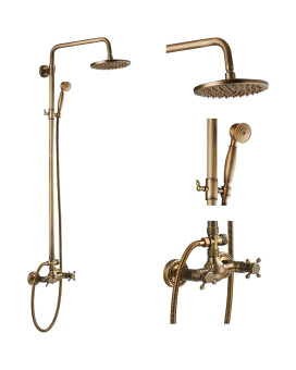 Antique Brass Bathroom Shower Faucet Set Brushed Gold Shower Fixture 8 Inch Rainfall Shower Head Handheld Shower Cross Handle