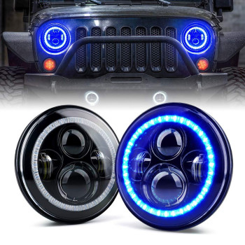 Xprite 7 Inch 90W Led Headlights With Blue Halo Ring Angel Eyes, 9600 Lumens Hilo Beam Head Lamp Compatible With 1997 - 2018 Jeep Wrangler Jk Tj Lj(Dot Approved