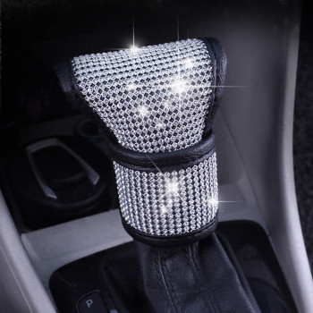 Mlovesie Plush Auto Gear Shift Knob Cover With Crystal Glitter Bling Rhinestones For Girls,Lady Universal Fit (Bling) (White)