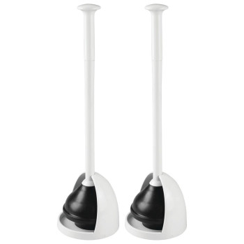 mDesign Plastic Freestanding Hideaway Toilet Bowl Plunger with Holder Set - Plunger for Bathroom Storage and Cleaning Organization - Heavy Duty, Space Saving - Aura Collection, 2 Pack, White