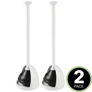 mDesign Plastic Freestanding Hideaway Toilet Bowl Plunger with Holder Set - Plunger for Bathroom Storage and Cleaning Organization - Heavy Duty, Space Saving - Aura Collection, 2 Pack, White