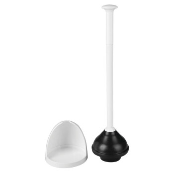 mDesign Plastic Freestanding Hideaway Toilet Bowl Plunger with Holder Set - Plunger for Bathroom Storage and Cleaning Organization - Heavy Duty, Space Saving - Aura Collection, 2 Pack, White