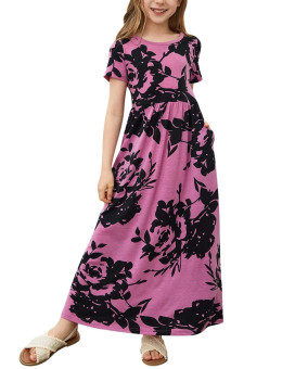 Gorlya Girls Short Sleeve Floral Print Loose Casual Long Maxi Dress With Pockets 4-12 Years (4-5Yearsheight:110Cm, Purple Print)