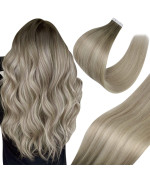 New] Sunny Tape In Extensions Long Hair Ombre Tape In Hair Extensions Human Hair Light Ash Brown To Blonde Highlights Platinum Blonde Balayage Ombre Tape In Hair Extensions 50G 20Pcs 24Inch