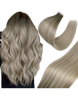 New] Sunny Tape In Extensions Long Hair Ombre Tape In Hair Extensions Human Hair Light Ash Brown To Blonde Highlights Platinum Blonde Balayage Ombre Tape In Hair Extensions 50G 20Pcs 24Inch