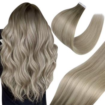 New] Sunny Tape In Extensions Long Hair Ombre Tape In Hair Extensions Human Hair Light Ash Brown To Blonde Highlights Platinum Blonde Balayage Ombre Tape In Hair Extensions 50G 20Pcs 24Inch