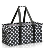 Lucazzi Extra Large Utility Tote Bag - Oversized Collapsible Reusable Wire Frame Rectangular Canvas Basket With Two Exterior Pockets For Beach, Pool, Laundry, Car Trunk, Storage - White Polka Dot