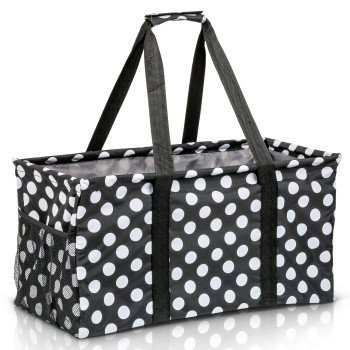 Lucazzi Extra Large Utility Tote Bag - Oversized Collapsible Reusable Wire Frame Rectangular Canvas Basket With Two Exterior Pockets For Beach, Pool, Laundry, Car Trunk, Storage - White Polka Dot