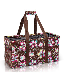 Lucazzi Extra Large Utility Tote Bag - Oversized Collapsible Reusable Wire Frame Rectangular Canvas Basket With Two Exterior Pockets For Beach, Pool, Laundry, Car Trunk, Storage - Brown Daisy